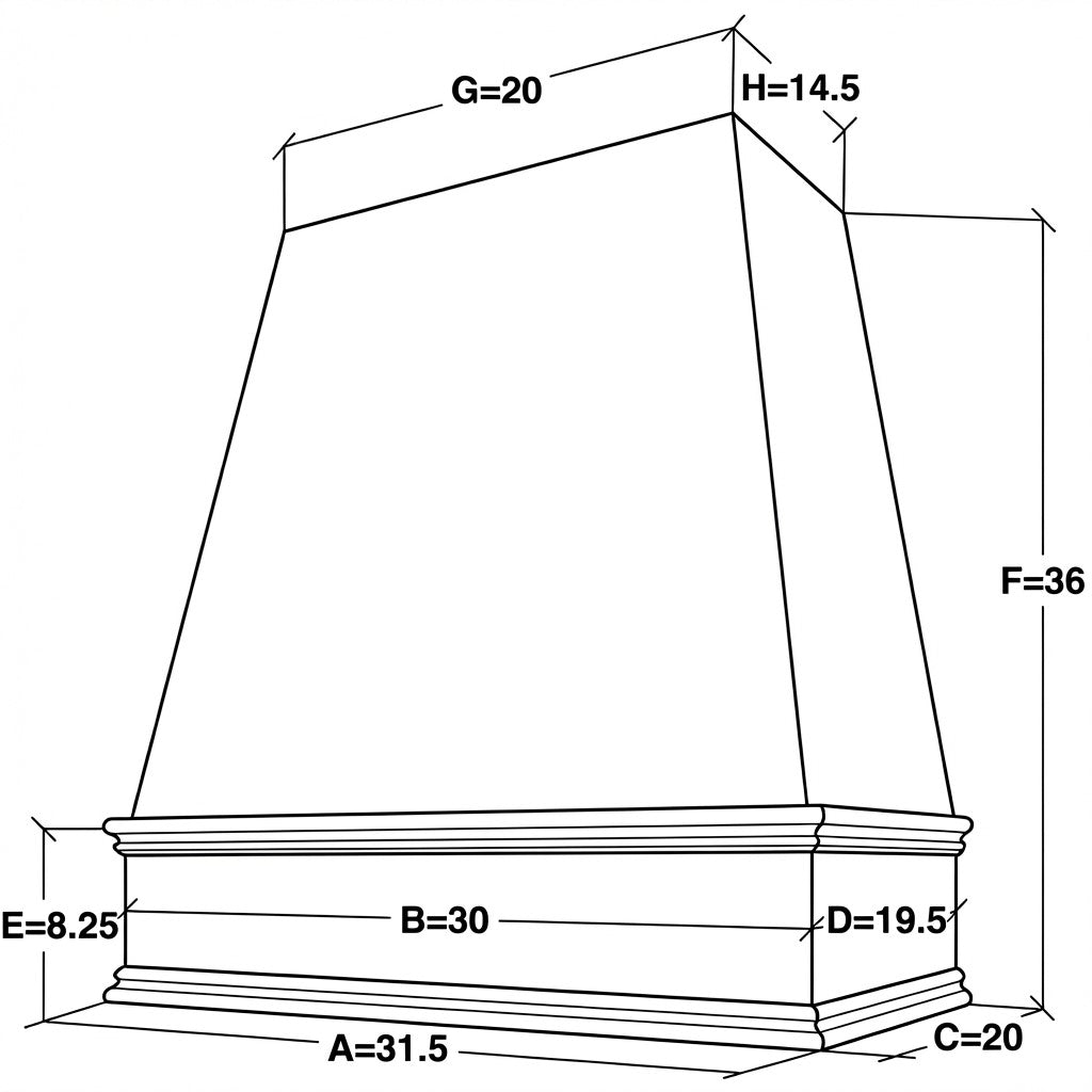 30 inch wide by 36 inch tall tapered wood range hood with classic trim dimensions
