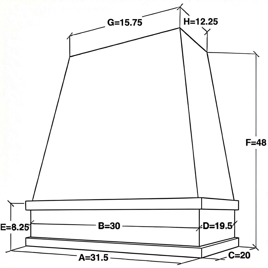 30 inch wide by 48 inch tall tapered wood range hood with block trim dimensions

