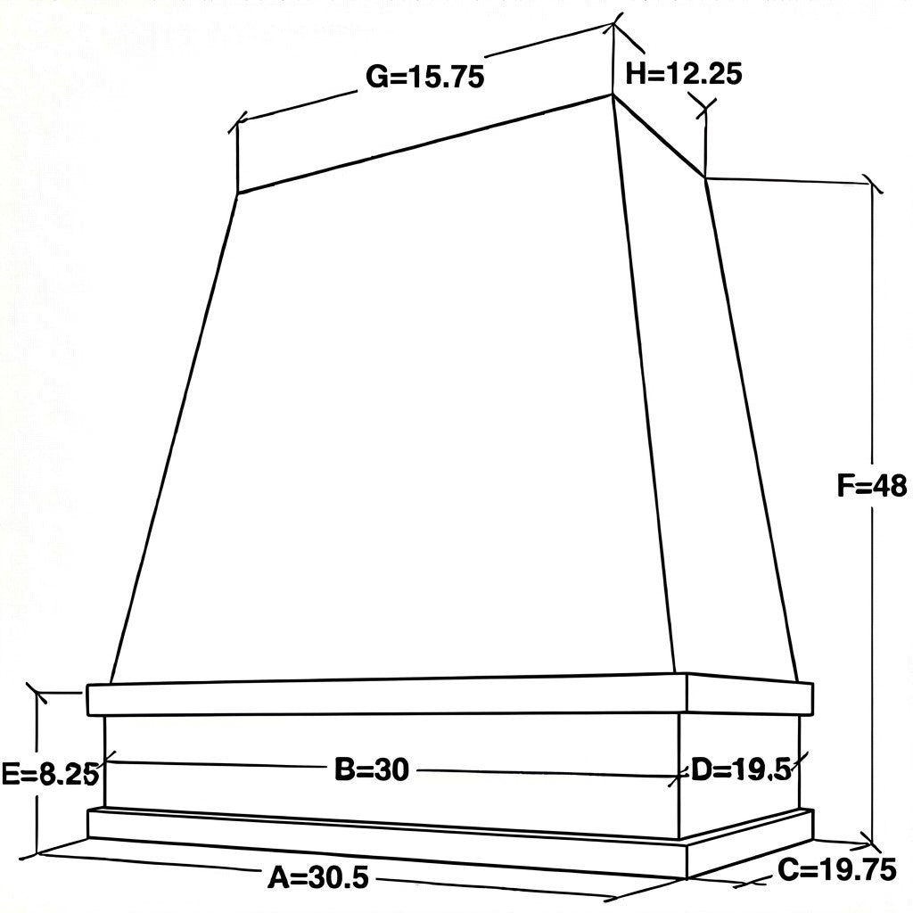 30 inch wide by 48 inch tall tapered wood range hood with flat trim dimensions
