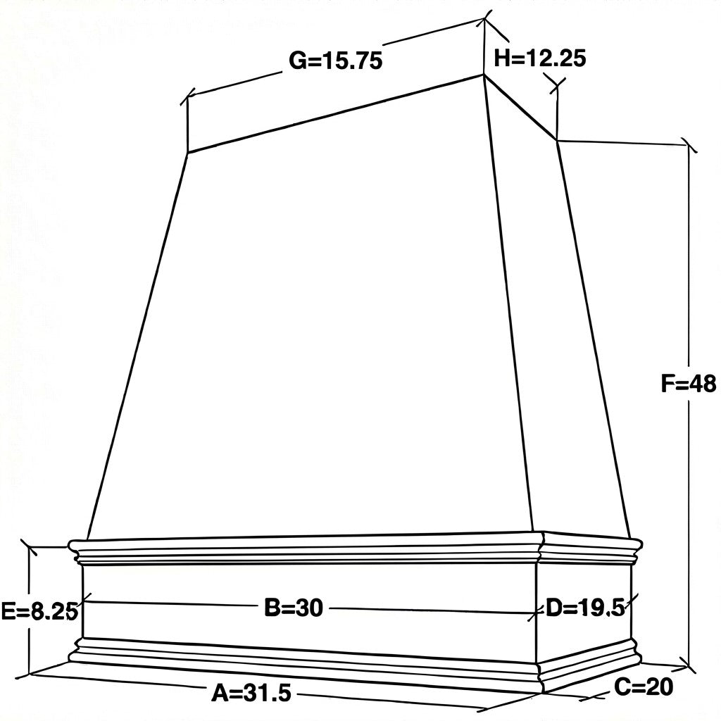 30 inch wide by 48 inch tall tapered wood range hood with classic trim dimensions
