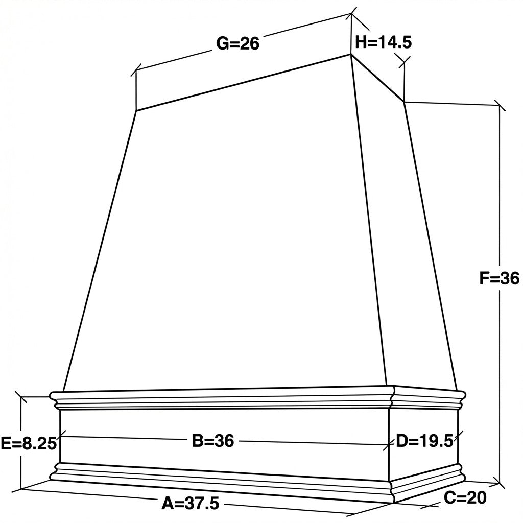 36 inch wide by 36 inch tall tapered wood range hood with classic trim dimensions
