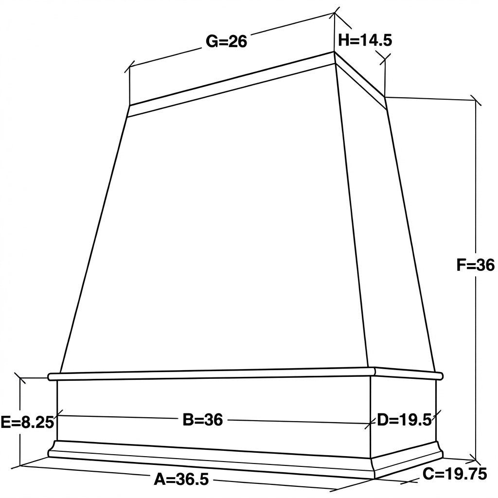 36 inch wide by 36 inch tall tapered wood range hood with block trim dimensions
