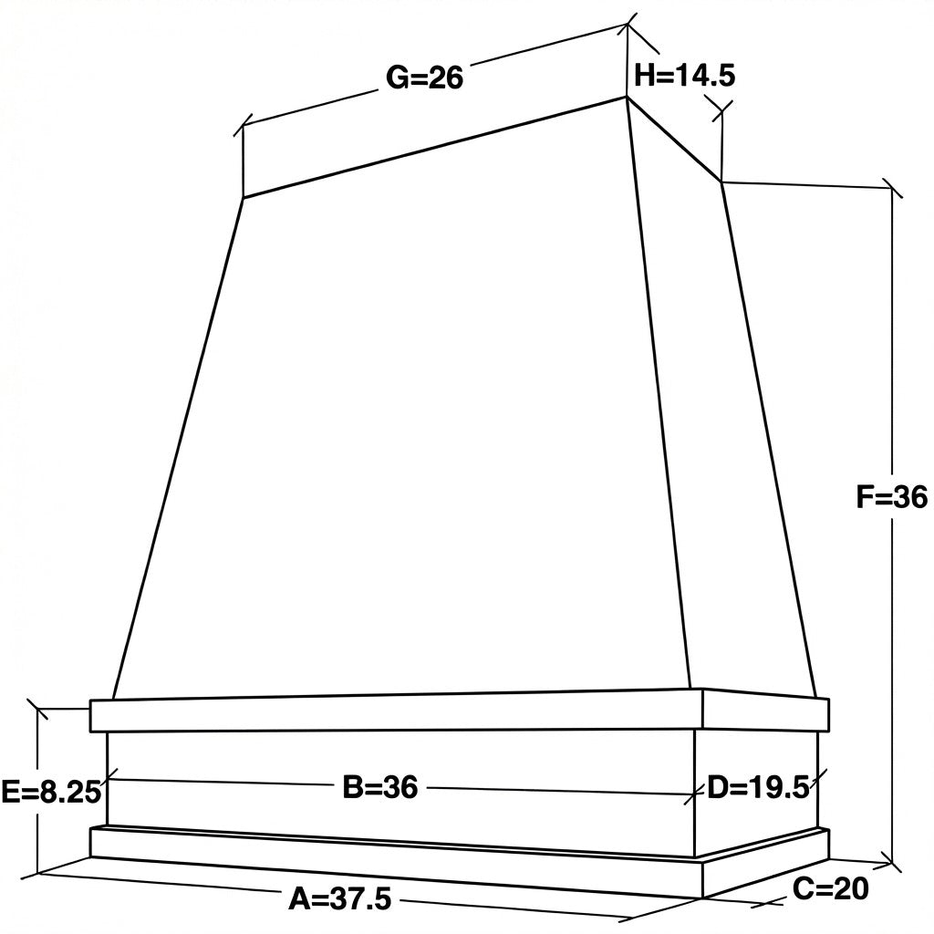 3 inch wide by 36 inch tall tapered wood range hood with block trim dimensions
