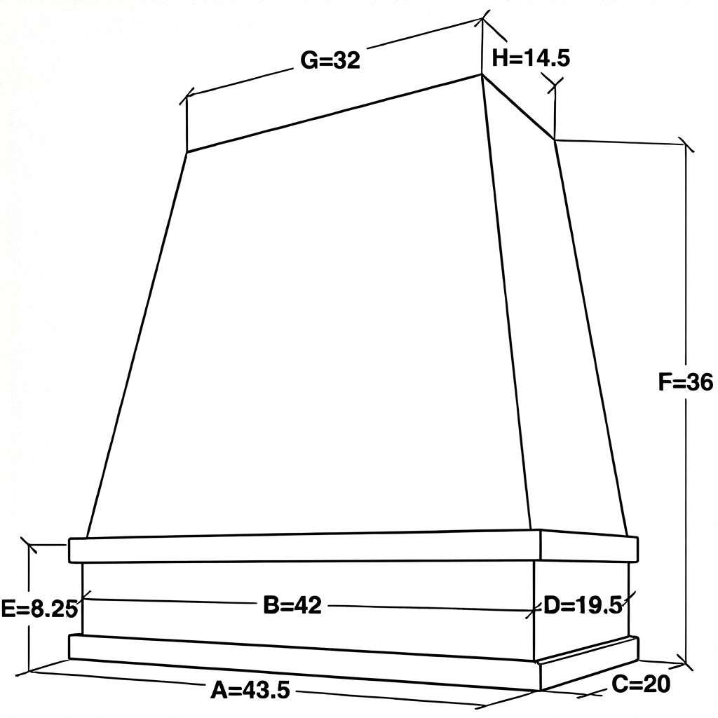 42 inch wide by 36 inch tall tapered wood range hood with block trim dimensions
