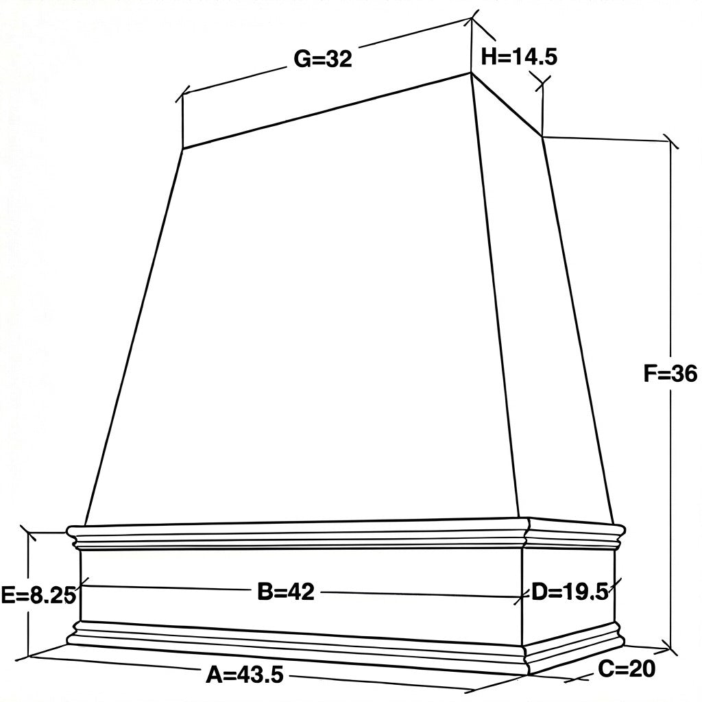 42 inch wide by 36 inch tall tapered wood range hood with classic trim dimensions
