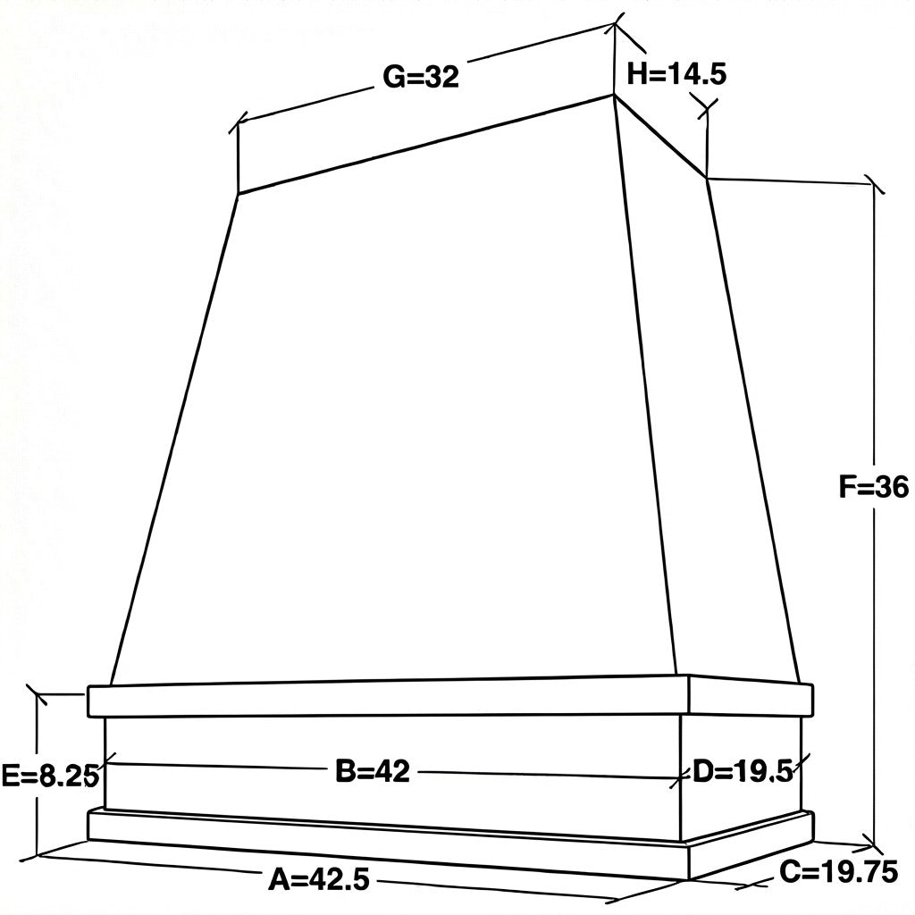 42 inch wide by 36 inch tall tapered wood range hood with flat trim dimensions
