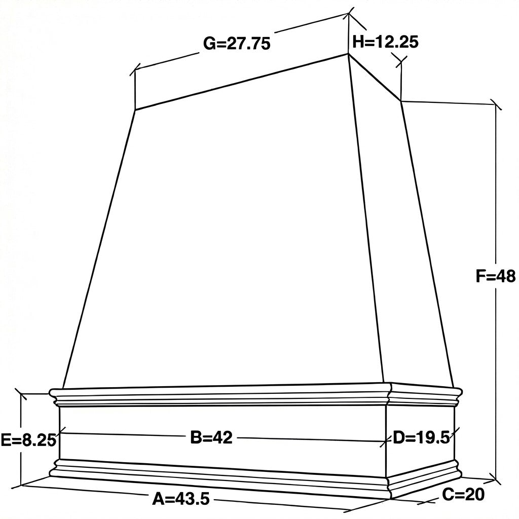 42 inch wide by 48 inch tall tapered wood range hood dimensions
