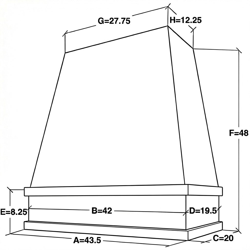 42 inch wide by 48 inch tall tapered wood range hood with block trim dimensions
