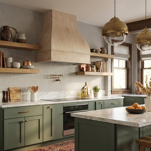 Bell wood range hood in modern kitchen - handcrafted curved chimney design

